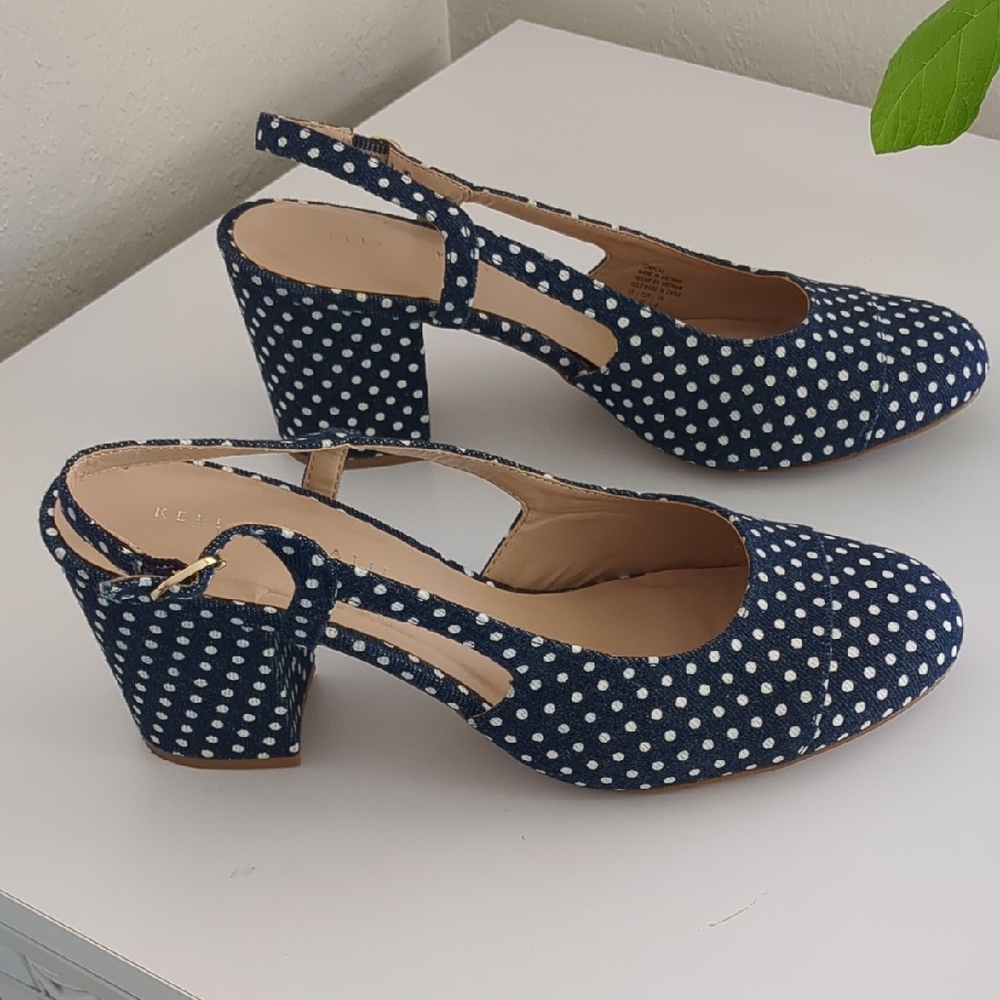 Chic Blue and White Heels with Polka Dots and Ankle Strap
